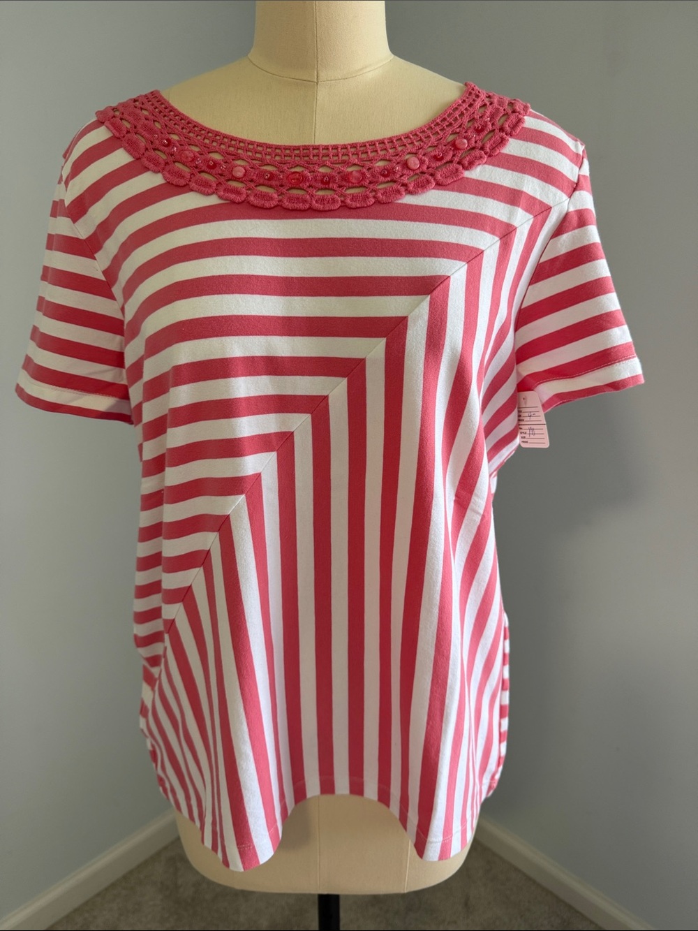 Alfred Dunner Striped Coral and White Crochet-Neck Women’s Top SZM
